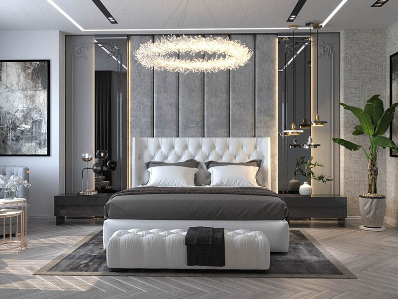 Phòng ngủ luxury sử dụng gam màu ghi xám tinh tế