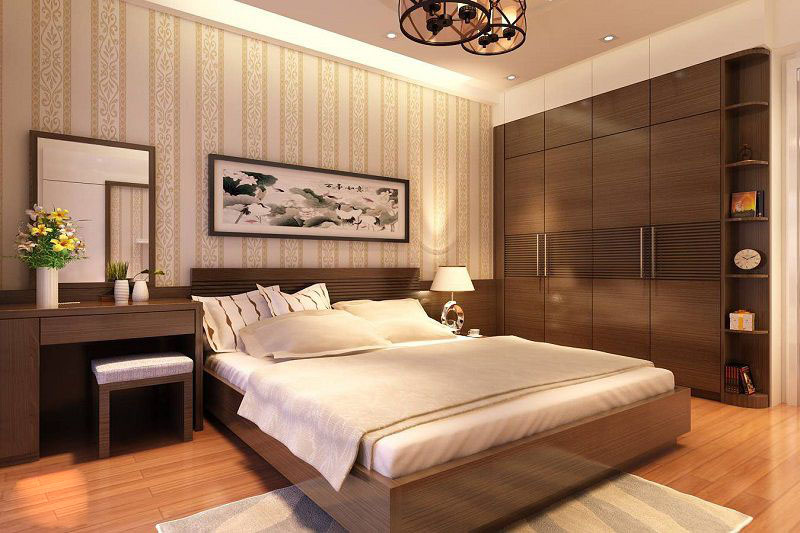 Phòng ngủ hiện đại ấm áp với nội thất gỗ công nghiệp
