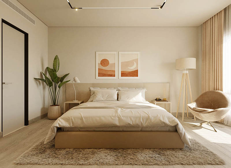 Phòng ngủ master với đồ nội thất đơn giản