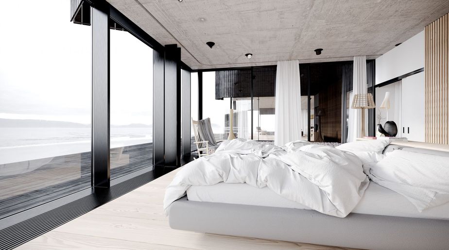Phòng ngủ master 30m2 với hệ thống cửa kính rộng lớn tạo cảm giác thư giãn