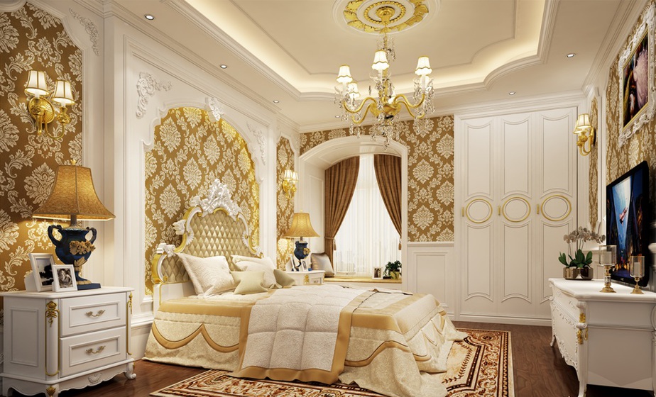 Thay vì sử dụng sơn tường, phòng ngủ master cổ điển thường sử dụng giấy dán tường họa tiết hoa văn