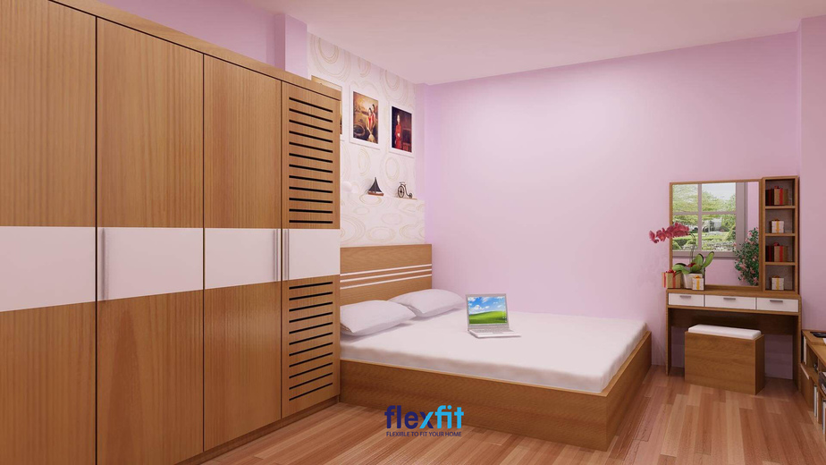 Mẫu nội thất phòng ngủ này sẽ đem đến cho bạn một không gian được tối giản đến mức tối đa với thiết kế tủ lớn 4 ngăn để có thể để được nhiều đồ. Điều đặc biệt là mẫu nội thất này tận dụng tối đa chất liệu gỗ đem đến không gian mộc mạc, độc đáo