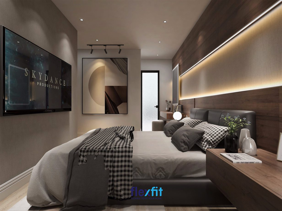 Phòng ngủ sử dụng các nội thất bằng gỗ công nghiệp bố trí hợp lý, kết hợp hệ thống đèn nhân tạo mang lại không gian ấm cúng và ngăn nắp