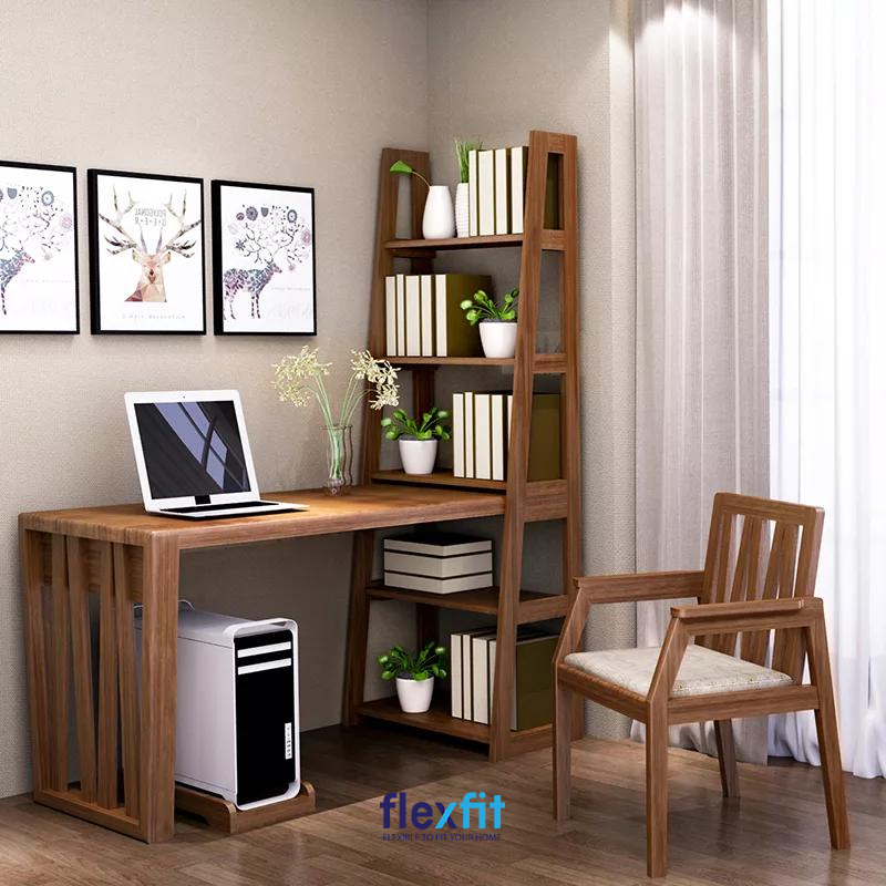 Bàn làm việc có kệ sách được làm bằng chất liệu gỗ tự nhiên bền chắc. Phần kệ sách được thiết kế với nhiều ngăn chứa tiện lợi