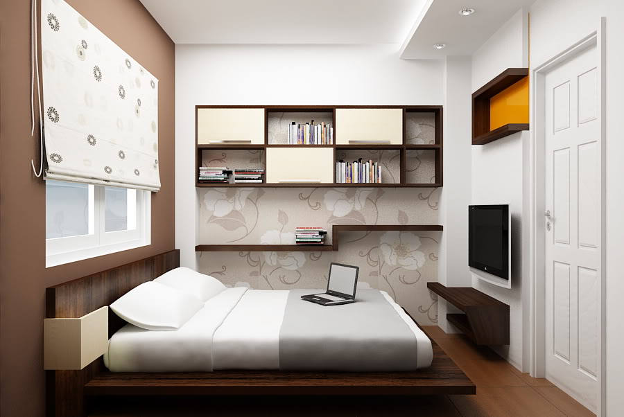 Phòng ngủ màu trầm ấm với giường, giá sách làm bằng gỗ MDF phủ Laminate