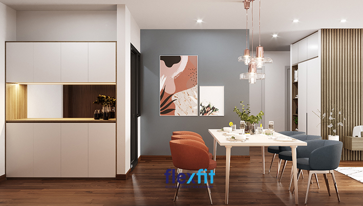 Căn bếp thu hút bởi vẻ đẹp sang trọng, hiện đại. Tranh treo tường cùng mảng màu sơn nổi bật giúp tăng sự độc lạ, ấn tượng cho không gian.