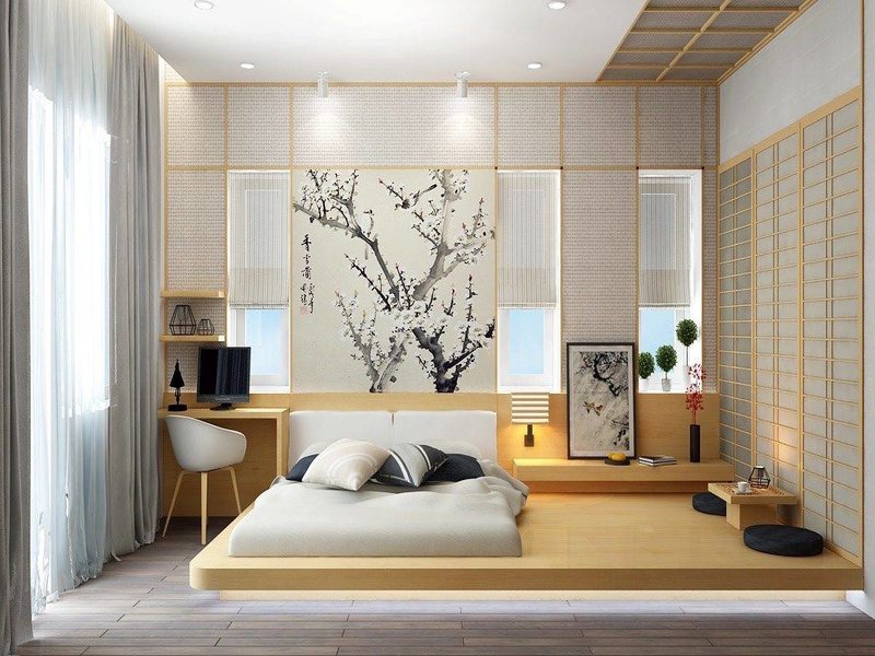 Tranh hoa đào trắng đen thể hiện sự hòa hợp giữa tự nhiên của tạo vật và cũng là hình ảnh thu nhỏ của nền văn hóa Nhật Bản được treo ở đầu giường giúp mang đến bầu không khí đậm chất Phù Tang cho phòng ngủ