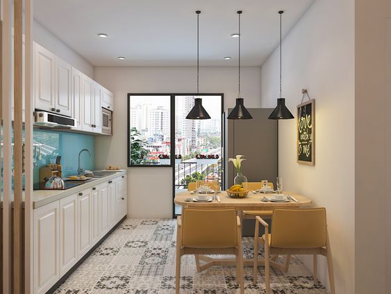 Căn bếp có view hướng ra ngoài cùng ô cửa chính rộng, thoáng mang giúp căn bếp tránh được mùi ẩm thấp do nấu nướng, sinh hoạt. 