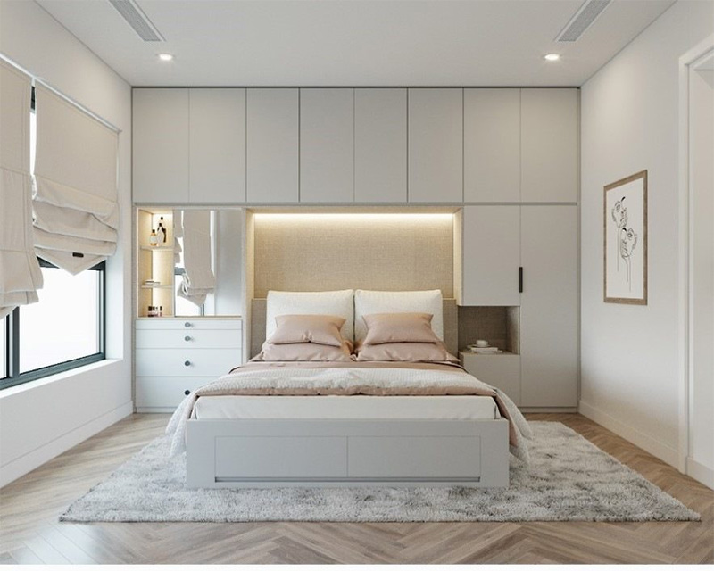 Mẫu giường ngủ gỗ công nghiệp có ngăn kéo tích hợp tủ quần áo và kệ trang trí cho căn phòng thêm nổi bật