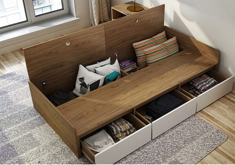 Mẫu giường ngủ gỗ công nghiệp có ngăn kéo được thiết kế cánh mở giúp bạn dễ dàng lấy đồ
