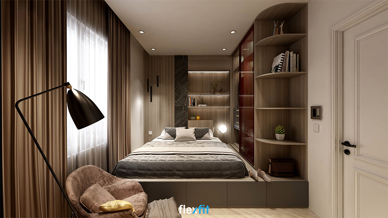 Mẫu giường ngủ gỗ công nghiệp có ngăn kéo tích hợp hệ tủ quần áo và kệ trang trí màu vân gỗ nâu trầm