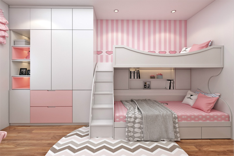 Mẫu giường tầng có ngăn kéo tích hợp kệ để đồ cho bé gái