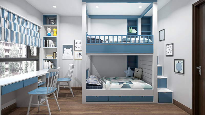 Mẫu giường hai tầng tích hợp ngăn kéo được làm từ MDF phủ melamine màu xanh dương và trắng thanh nhã