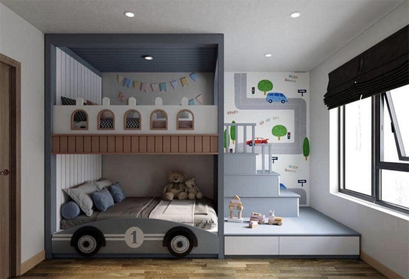 Giường gỗ công nghiệp có ngăn kéo được thiết kế sáng tạo giống như một chiếc ô tô cho bé trai