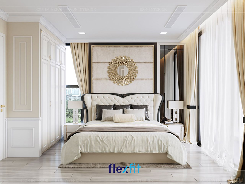 Mẫu nội thất phòng ngủ master phong cách tân cổ điển đầy ấn tượng với điểm nhấn hoa văn trang trí đầu giường