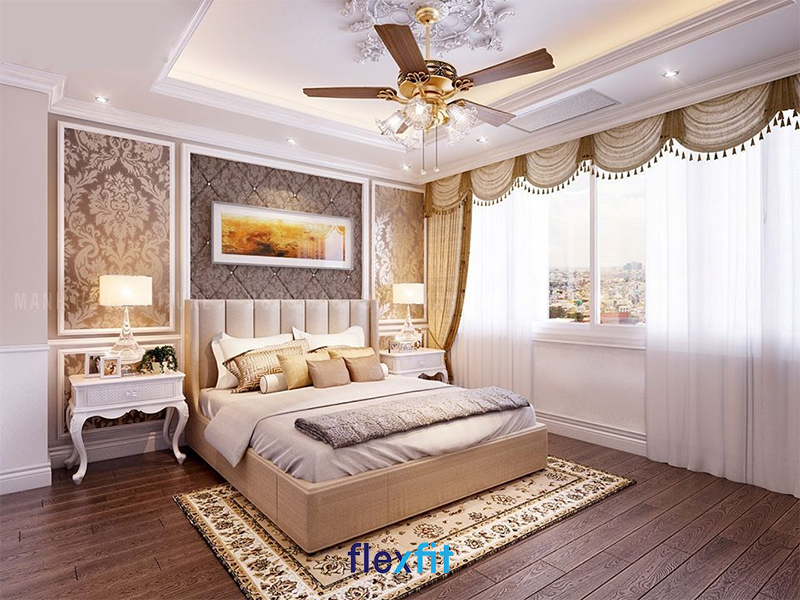 Mẫu thiết kế phòng ngủ master nổi bật với những họa tiết hoa văn đậm chất tân cổ điển 