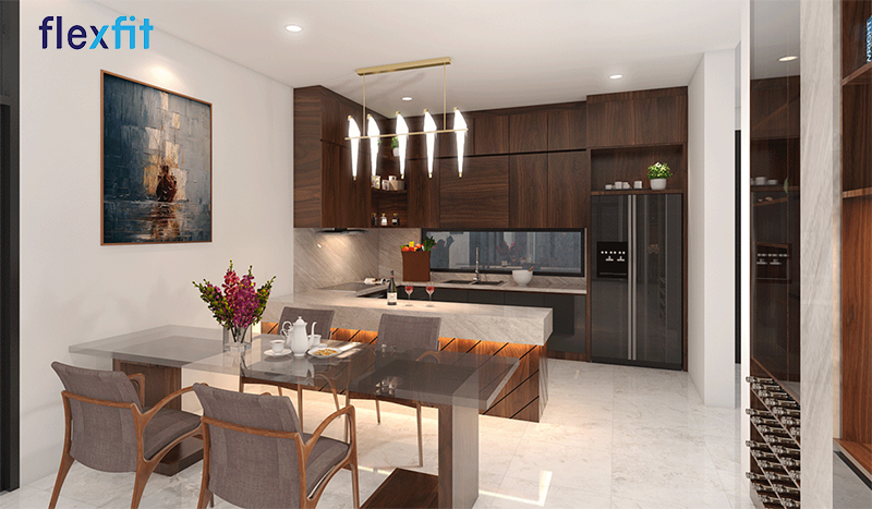 Mẫu thiết kế phòng bếp đẹp hiện đại sang trọng với tông màu gỗ trầm ấm