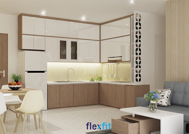 Tủ bếp Acrylic màu trắng, vân gỗ sự lựa chọn hoàn hao cho căn hộ chung cư