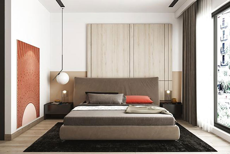 Tab đầu giường được thiết kế đăng đối ở hai bên đầu giường mang đến vẻ đẹp cân đối cho phòng ngủ.
